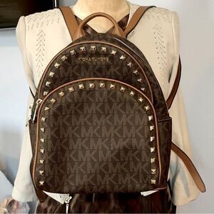 Michael Kors Abbey Medium Studded Backpack Brown/Acorn Canvas NWOT